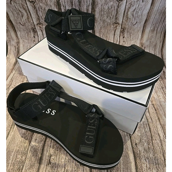 GUESS Avin Black Fabric Platform Sandals Women’s Size 8.5M Logo Straps Shoes(5) - Picture 1 of 10